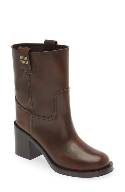 Miu Miu Calfskin Block-heel Moto Booties In Brown