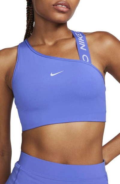 Nike Dri-fit Swoosh Asymmetric Sports Bra In Blue Joy 