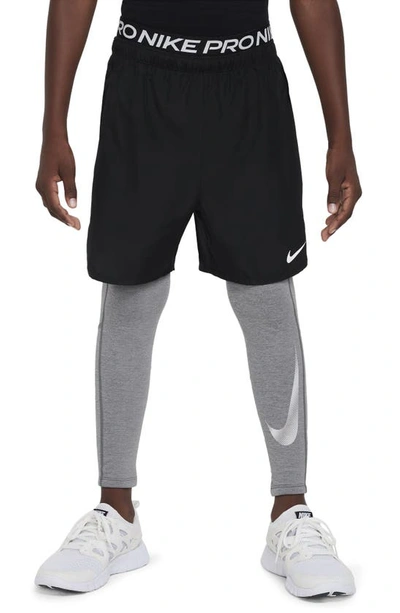 Nike Kids' Big Boys Pro Warm Dri-fit Logo-print Tights In Grey