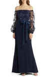 Eliza J Floating Petals Long Sleeve Off The Shoulder Gown In Navy