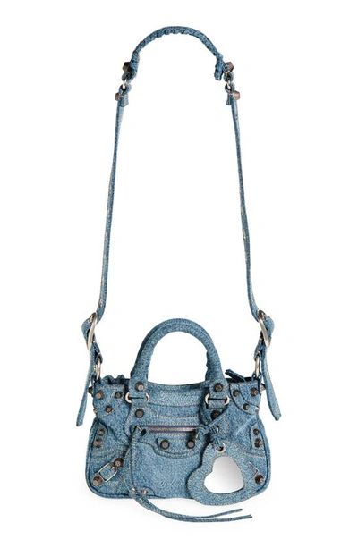 Balenciaga Neo Cagole Xs Studded Printed Denim Tote In 4317 Pale Blue