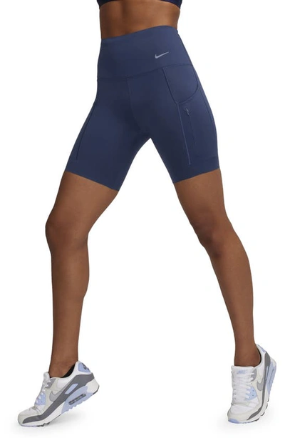 Nike Women's Go Firm-support High-waisted 8" Biker Shorts With Pockets In Midnight Navy/black