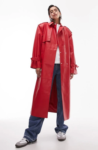 Topshop Long-line Faux Leather Trench Coat In Red