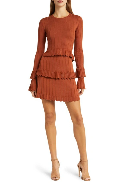 Rachel Parcell Ruffle Long Sleeve Rib Pointelle Midi Dress In Brown