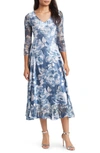 KOMAROV ABSTRACT PRINT CHARMEUSE & LACE COCKTAIL MIDI DRESS