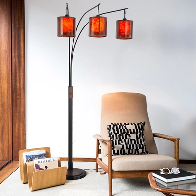 Nova Of California Layers 85" Natural Mica 3 Light Arc Lamp In Charcoal Gray And Gunmetal With Dimmer Switch In Red