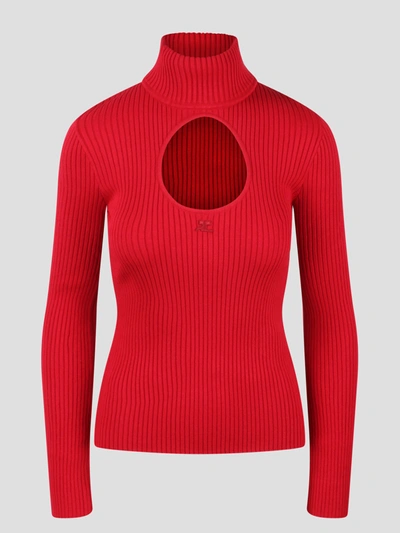 Courrèges Cutout Ribbed-knit Turtleneck Sweater In Groseille Fonce