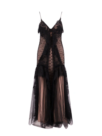 Alberta Ferretti Lace Long Dress With Silk Blend Petticoat In Black