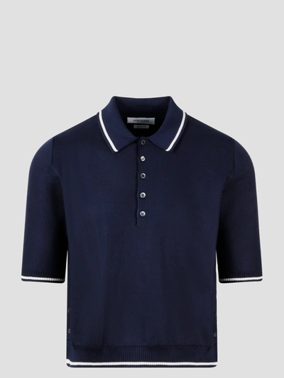 Thom Browne Silk Cotton Pique Tipping Short Sleeve Polo In Blue