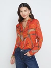 L Agence Dani Blouse In Red Clay Multi Straight Belt