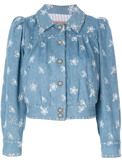 Marc Jacobs Stud Broderie Anglaise Shrunken Denim Jacket In Blue