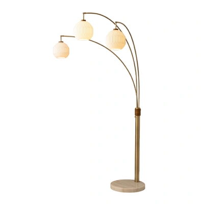 Nova Of California Moraga 24" Bone Porcelain 3 Light Arc Lamp In Weathered Brass And Walnut With 4-way Rotary Switch