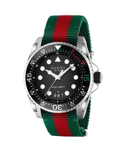 Gucci Dive Green & Red Nylon Strap Watch 44mm In Green,red
