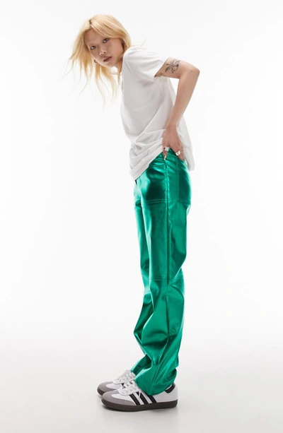Topshop Faux Leather Low Rise Tab Waist Straight Leg Metallic Trousers In Green