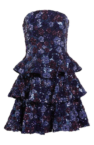 Marchesa Notte Strapless Tiered Sequin Mini Dress In Blue
