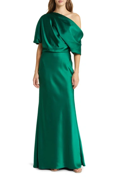 Amsale Satin One-shoulder Gown In Emerald