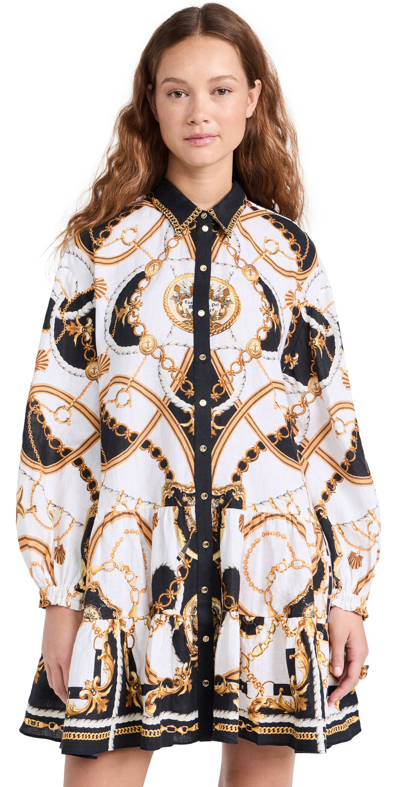 Camilla Tiered Linen Button-front Mini Shirtdress In Multicolour