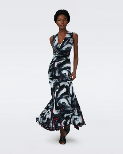 Diane Von Furstenberg Solveigh Ruched Printed Mesh Maxi Dress In Black