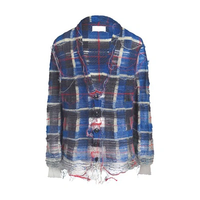 Maison Margiela Distressed Plaid-check Print Cardigan In Blue