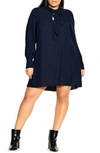 City Chic Tie Neck Long Sleeve Minidress In Navy
