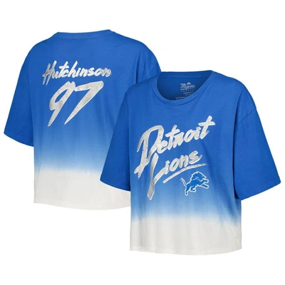 MAJESTIC MAJESTIC THREADS AIDAN HUTCHINSON BLUE/WHITE DETROIT LIONS DIP-DYE PLAYER NAME & NUMBER CROP TOP
