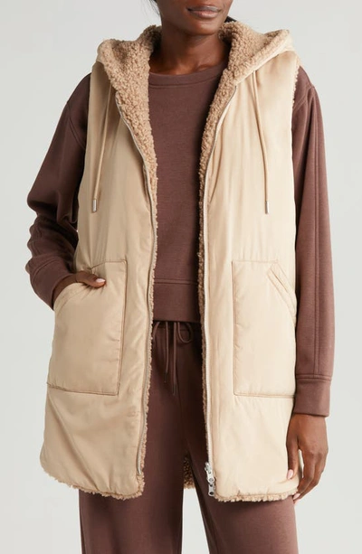 Zella Cozy Insulated Hooded Reversible Vest In Tan Taupe