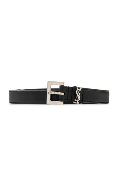 Saint Laurent Cassandre Logo Plaque Belt In Black