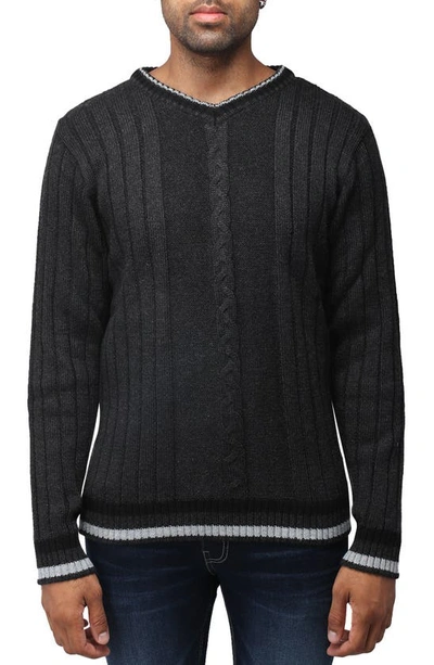 X-ray Tipped V-neck Cable Knit Pullover Sweater In Charcoal