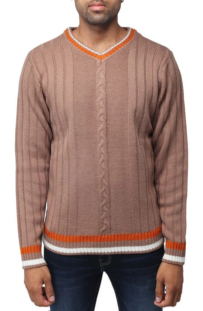 X-ray Tipped V-neck Cable Knit Pullover Sweater In Praline