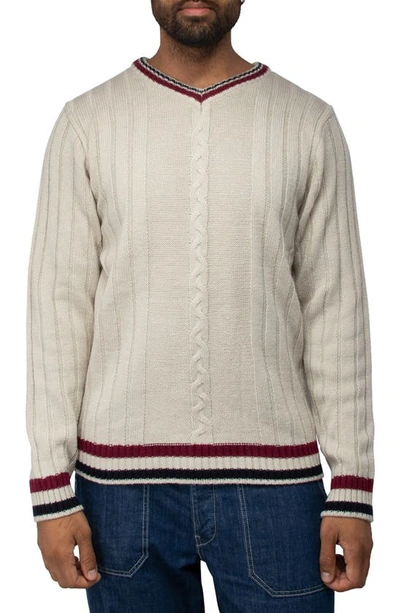 X-ray Tipped V-neck Cable Knit Pullover Sweater In Cream