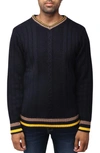 X-ray Tipped V-neck Cable Knit Pullover Sweater In Navy