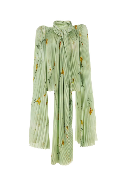 Balenciaga Floral Printed Pleated Blouse Top In Green