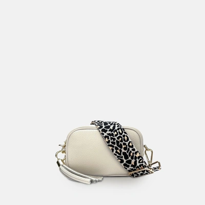 Apatchy London The Mini Tassel Stone Leather Phone Bag With Apricot Cheetah Strap In White