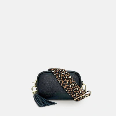 Apatchy London Black Leather Crossbody Bag With Tan Cheetah Strap