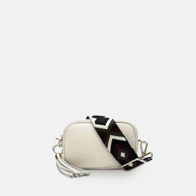 Apatchy London The Mini Tassel Stone Leather Phone Bag With Port & Olive Diamond Strap In White