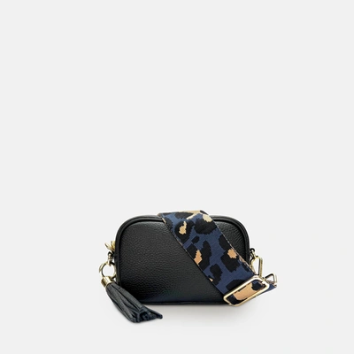 Apatchy London The Mini Tassel Black Leather Phone Bag With Navy Leopard Strap In Blue