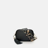 APATCHY LONDON THE MINI TASSEL BLACK LEATHER PHONE BAG WITH GREY LEOPARD STRAP
