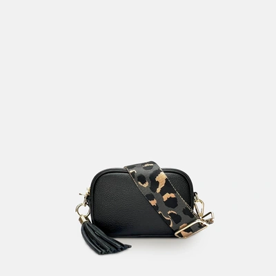 Apatchy London Black Leather Crossbody Bag With Navy Leopard Strap