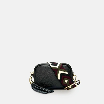 Apatchy London The Mini Tassel Black Leather Phone Bag With Port & Olive Diamond Strap