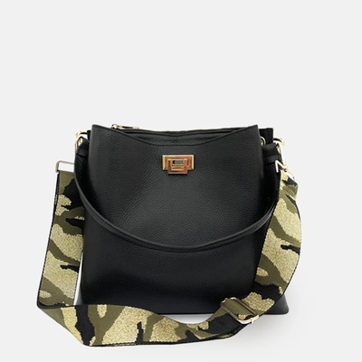APATCHY LONDON BLACK LEATHER TOTE BAG WITH GREEN & GOLD CAMO STRAP