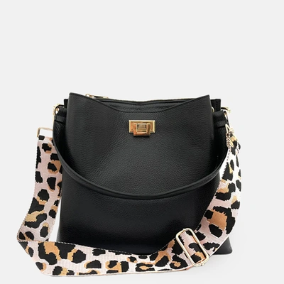 Apatchy London Black Leather Tote Bag With Pale Pink Leopard Strap