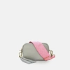 APATCHY LONDON THE MINI TASSEL LIGHT GREY LEATHER PHONE BAG WITH NEON PINK CROSS-STITCH STRAP