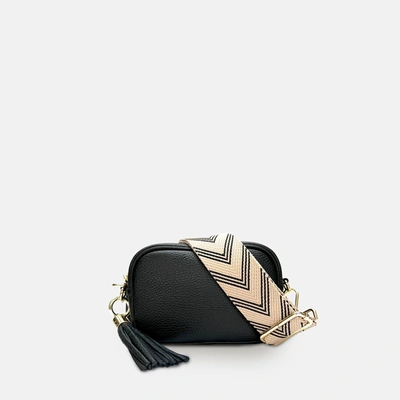 APATCHY LONDON THE MINI TASSEL BLACK LEATHER PHONE BAG WITH BLACK ARROW STRAP