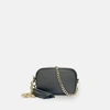 APATCHY LONDON THE MINI TASSEL DARK GREY LEATHER PHONE BAG WITH GOLD CHAIN CROSSBODY STRAP
