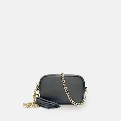 Apatchy London The Mini Tassel Dark Grey Leather Phone Bag With Gold Chain Strap