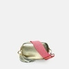 APATCHY LONDON THE MINI TASSEL GOLD LEATHER PHONE BAG WITH NEON PINK CROSS-STITCH STRAP