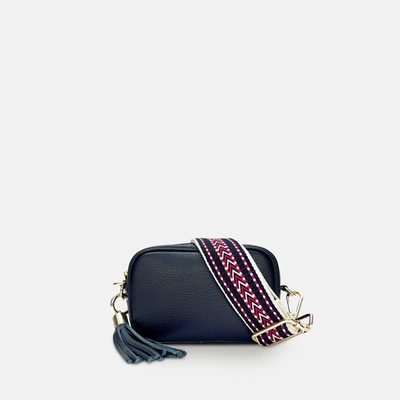 Apatchy London The Mini Tassel Navy Leather Phone Bag With Gold Chain Strap In Blue