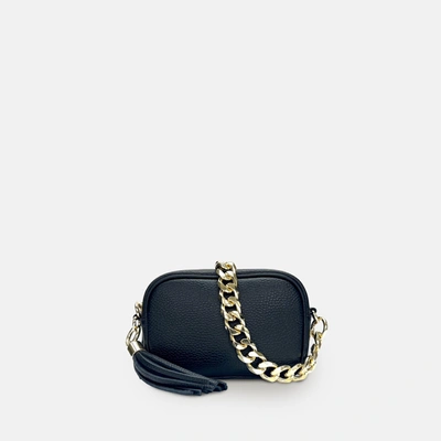 APATCHY LONDON THE MINI TASSEL BLACK LEATHER PHONE BAG WITH GOLD CHAIN STRAP