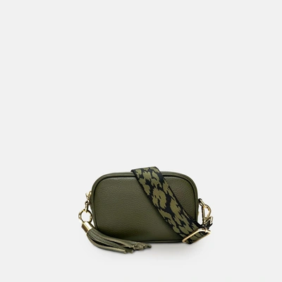 APATCHY LONDON THE MINI TASSEL OLIVE GREEN LEATHER PHONE BAG WITH OLIVE GREEN CHEETAH STRAP