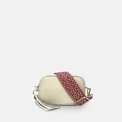 Apatchy London Stone Leather Crossbody Bag With Red Cross-stitch Strap In White